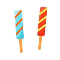 Frozen fruit juice on a stick, colored ice cream, delicious cold dessert, vector clip art on a colored background in a flat style.