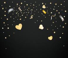 Golden confetti and hearts on dark background vector