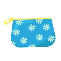 Little blue women's cosmetic bag on a zip, chamomile print,, vector clip art on a colored background in a flat style.