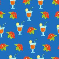 Seamless floral pattern with tropical flowers and cocktails in wine glasses, vector print in flat style, bright summer pattern.