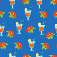 Seamless floral pattern with tropical flowers and cocktails in wine glasses, vector print in flat style, bright summer pattern.