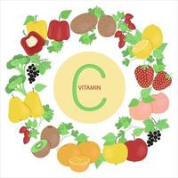 conjunto de frutas y verduras que contienen vitamina c, frutas y verduras colocadas alrededor de la vitamina c, ilustración vectorial de estilo plano sobre un fondo blanco. vector