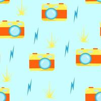 Bright yellow photo camera seamles pattern, camera for shooting, vector object in cartoon style, clip art on a white background, flat style.