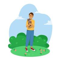 Young man with a dog in his arms, happy pet owner, yorkshire terrier, vector illustration in flat style.