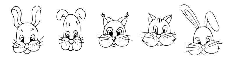 Cute animals rabbit cat dog squirrel set, collection of hand-drawn linear icons, vector on a white background.