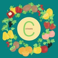 conjunto de frutas y verduras que contienen vitamina c, frutas y verduras colocadas alrededor de la vitamina c, ilustración vectorial de estilo plano sobre un fondo blanco. vector