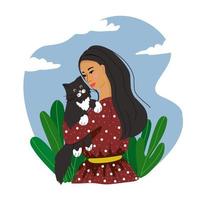 Happy pet owners, people and pets, cats, dogs, vector illustration in flat style.