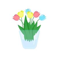 Beautiful flowers in a vase, a bouquet of tulips cute garden flowers, vector object in a flat style on a white background.