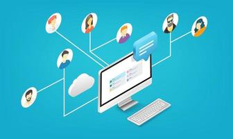 People working together remotely via application. Isometric vector illustration isolated on white background