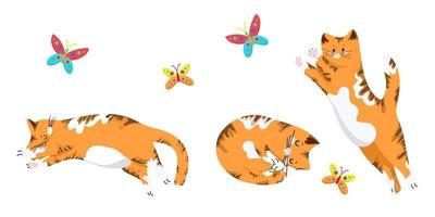 Set of cats in different poses, funny red kittens, cat jumping for a butterfly, cute pets in cartoon style, vector objects on a white background, hand draw.