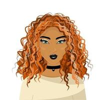 chica con apariencia asiática de pelo rojo rizado, belleza del este, hermosa joven belleza, avatar para una niña, ilustración vectorial en estilo plano. vector