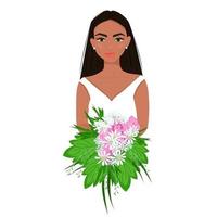 chica en blanco con un ramo de flores en sus manos, mujer bonita afro con maquillaje, avatar femenino hermoso, ilustración vectorial de estilo plano. vector