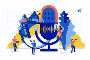 Vector illustrations concept design podcast channel. Teamwork podcasting. Studio microphone table broadcast people. Podcast radio icon.