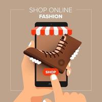 Illustrations flat design concept mobile shop online store. Hand hold mobile sale fashion shopping.