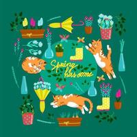 colección de elementos de primavera con gatos en diferentes poses, conjunto de hermosas flores y composiciones de primavera, objetos vectoriales florales en estilo de dibujos animados, gato gordo rojo. vector