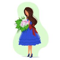 Girl in a pink dress holding a lush bouquet of daisies in her hands, long blond hair fluttering in the wind, vector in flat style, cute spring illustration.