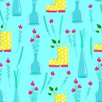 Seamless pattern with yellow boots and flowers in glass vases, beautiful wild spring flowers in transparent vases, gift for Women's Day, vector illustration in cartoon style, flat, hand draw.