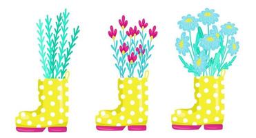 lindo conjunto de flores de primavera en botas de goma amarillas, elemento de diseño y decoración, composición de primavera, ilustración vectorial en estilo de dibujos animados, dibujo a mano. vector