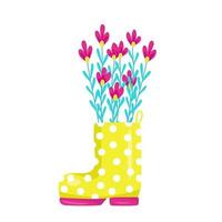 lindas flores de primavera en botas de goma amarillas, elemento de diseño y decoración, composición de primavera, ilustración vectorial en estilo de dibujos animados, dibujo a mano. vector