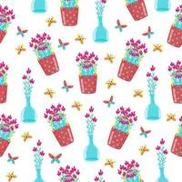 Seamless pattern with different flowers in pots, cute baby print, floral spring pattern in cartoon styl, hand draw, daisies in red bucket, vector. vector