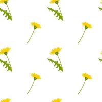 Vector seamless pattern of spring yellow dandelions and green leaves