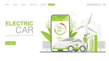 EV Car Or Electric Car At Charging Station. Concept Illustration For Green Environment. Landing Page in Flat Style. Vector EPS 10