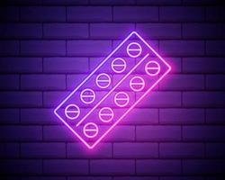 Glowing neon line Pills in blister pack icon isolated on brick wall background. Medical drug package for tablet vitamin, antibiotic, aspirin. Vector Illustration