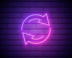 Glowing neon Refresh icon isolated on brick wall background. Reload symbol. Rotation arrows in a circle sign. Vector Illustration