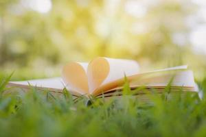 Open book with heart shape on green grass in park