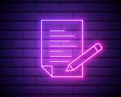 pencil, list, paper outline icon in neon style. elements of education illustration line icon. signs, symbols can be used for web, logo, mobile app, UI, UX isolated on brick wall vector