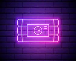 Glowing neon dynamite bomb stick and timer clock icon isolated on brick wall background. Time bomb - explosion danger concept. Vector Illustration