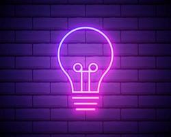 Icono de brillo de bombilla de luz de neón brillante aislado sobre fondo de pared de ladrillo. símbolo de energía e idea. Lámpara eléctrica. ilustración vectorial vector