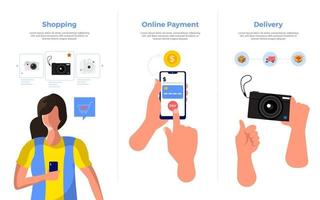 Illustration of online shopping, mobile payment, and delivery vector