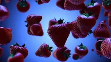 rote Erdbeeren, die gegen einen blauen Hintergrund fallen video