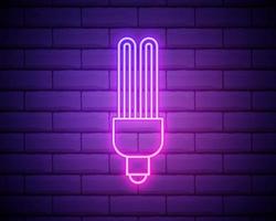 Glowing neon fluorescent Light bulb shine icon isolated on brick wall background. Energy and idea symbol. Lamp electric. Vector Illustration