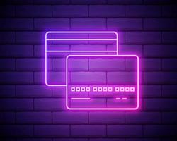 Credit card pink glowing neon ui ux icon. Glowing sign logo vector isolated on brick wall