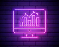 Neon light. Computer monitor sign icon. Market monitoring. Glowing graphic design. Brick wall. Vector