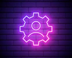 Glowing neon line Human with gear inside icon isolated on brick wall background. Artificial intelligence. Thinking brain sign. Symbol work of brain. Vector Illustration