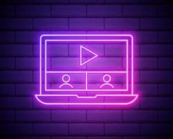 Neon online education icon. Glowing neon webinar sign, digital study in vivid colors. Video course, distance learning, teaching platform. Icon set, sign, symbol for UI. Vector illustration