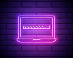 Vector Neon Laptop with Loading Icon on Screen, Something Loading, Technology Isolated on Brick wall Background Icon.