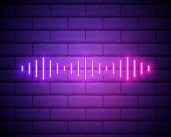 Neon composition of Digital sound wave. Vector abstract illustration of neon Music wave shape. Wavy motion glowing line, pulsating audio track. Isolated outline icon, symbol. Blue pink gradient isolated on brick wall.