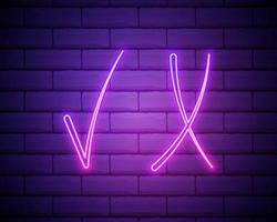 Check icon. Check list button neon signboard, design template, modern trend design, night neon signboard, night bright advertising, light banner, light art. Elements of web in multi color style icons isolated on brick wall vector