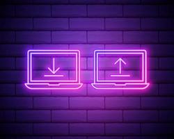 Download and upload line icon. Neon laser lights. Internet Downloading with Laptop sign. Load file symbol. Banner badge with internet downloading icon. Vector isolated on brick wall.