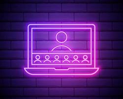 Neon online education icon. Glowing neon webinar sign, digital study in vivid colors. Video course, distance learning, teaching platform. Icon set, sign, symbol for UI. Vector illustration.