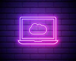Cloud technology, software. Laptop and cloud. Technology logo with diagonal lines and colored gradient. Neon graphic, light effect. Isolated on brick wall
