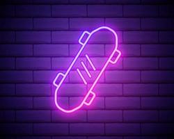 Glowing neon Skateboard trick icon isolated on brick wall background. Extreme sport. Sport equipment. Vector Illustration