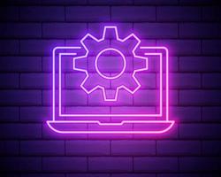 Glowing neon line Laptop and gear icon isolated on brick wall background. Laptop service concept. Adjusting app, setting options, maintenance, repair, fixing. Vector Illustration.