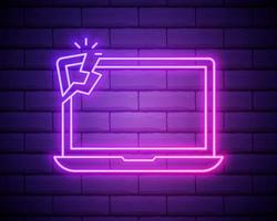 Glowing neon Broken Laptop icon isolated on brick wall background. Adjusting, service, setting, maintenance, repair, fixing. Vector Illustration