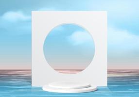 Background vector 3d blue rendering with pink podium and minimal summer scene with water sea, minimal abstract background 3d rendering geometric shape blue sky. Stage for show cosmetic on podium.