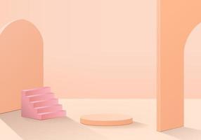 Cylinder abstract minimal scene with geometric platform. Summer background vector 3d rendering with podium. stand to show cosmetic products. Stage showcase on pedestal modern 3d studio orange pastel